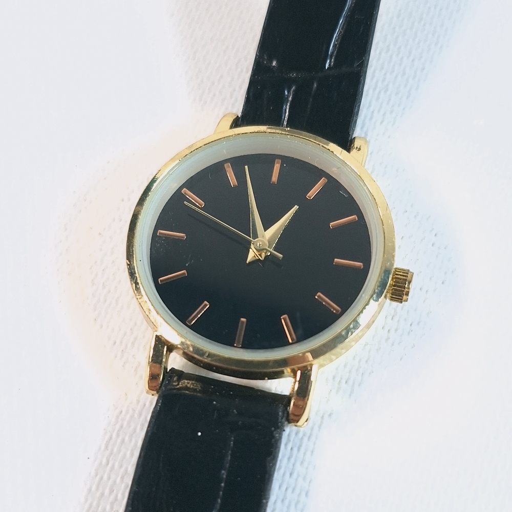Precision Gold Tone Black Minimalist Faux Leather Ladies Watch, New Battery